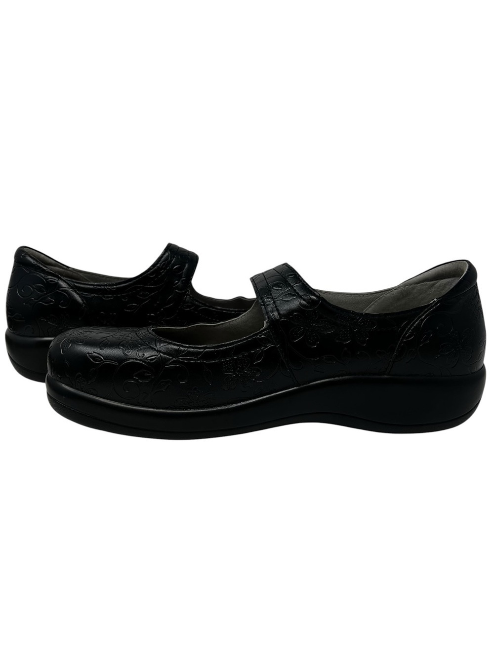 Alegria Black Embossed Floral Mary Jane Flats with Strap - Picture 3 of 9